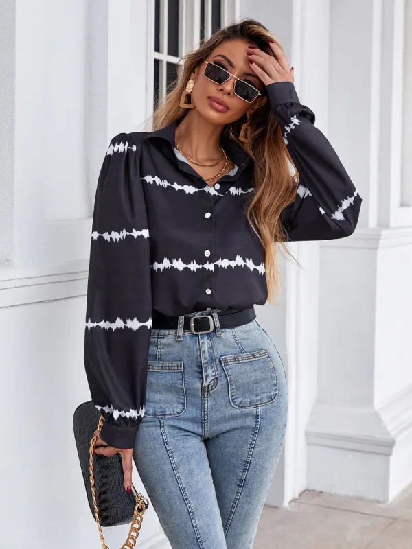 Casual Printing Svart Topper Dame Bluser 2021 Løs Revers Langermede Bluser