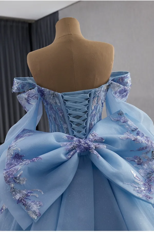 Luxury / Gorgeous Sky Blue Handmade  Beading Lace Flower Sequins Prom Dresses 2025 Ball Gown Off-The-Shoulder Short Sleeve Backless Bow Court Train