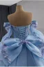 Luxury / Gorgeous Sky Blue Handmade  Beading Lace Flower Sequins Prom Dresses 2025 Ball Gown Off-The-Shoulder Short Sleeve Backless Bow Court Train