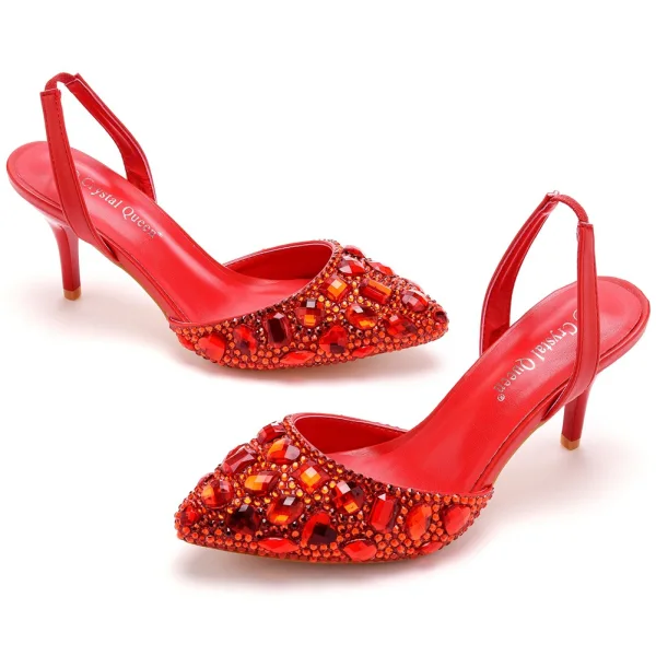 Schöne Weiß Strass Brautschuhe 2023 7 cm Stilettos Spitzschuh Hochzeit Sandaletten Hochhackige