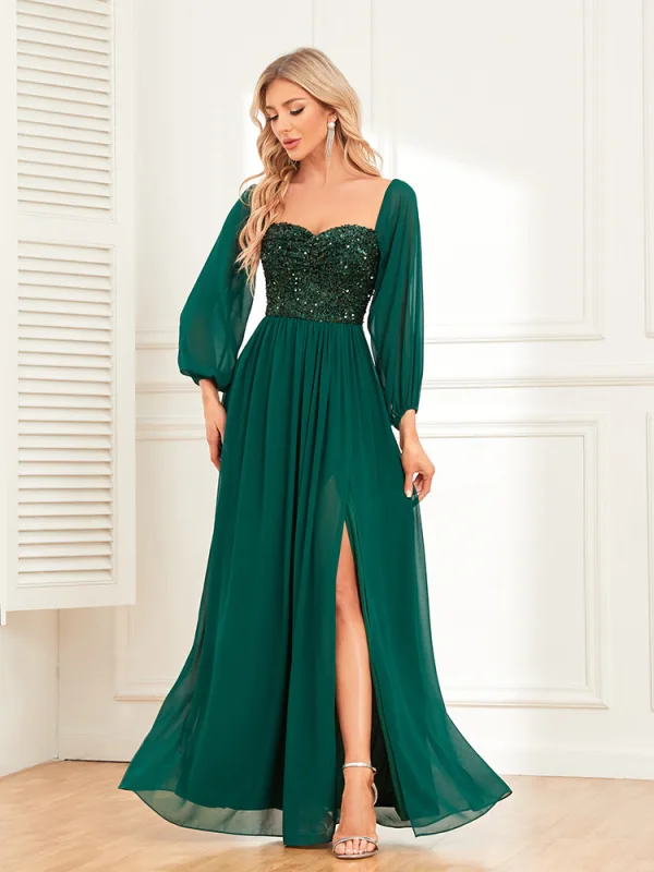Chic / Beautiful Dark Green Sequins Split Front Evening Dresses 2024 A-Line / Princess Off-The-Shoulder Short Sleeve Backless Floor-Length / Long Evening Party Formal Dresses