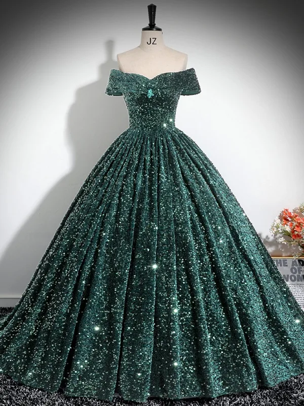 Sparkly Dark Green Sequins Prom Dresses 2024 Ball Gown Off-The-Shoulder Sleeveless Backless Floor-Length / Long Prom Formal Dresses