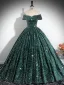 Sparkly Dark Green Sequins Prom Dresses 2024 Ball Gown Off-The-Shoulder Sleeveless Backless Floor-Length / Long Prom Formal Dresses