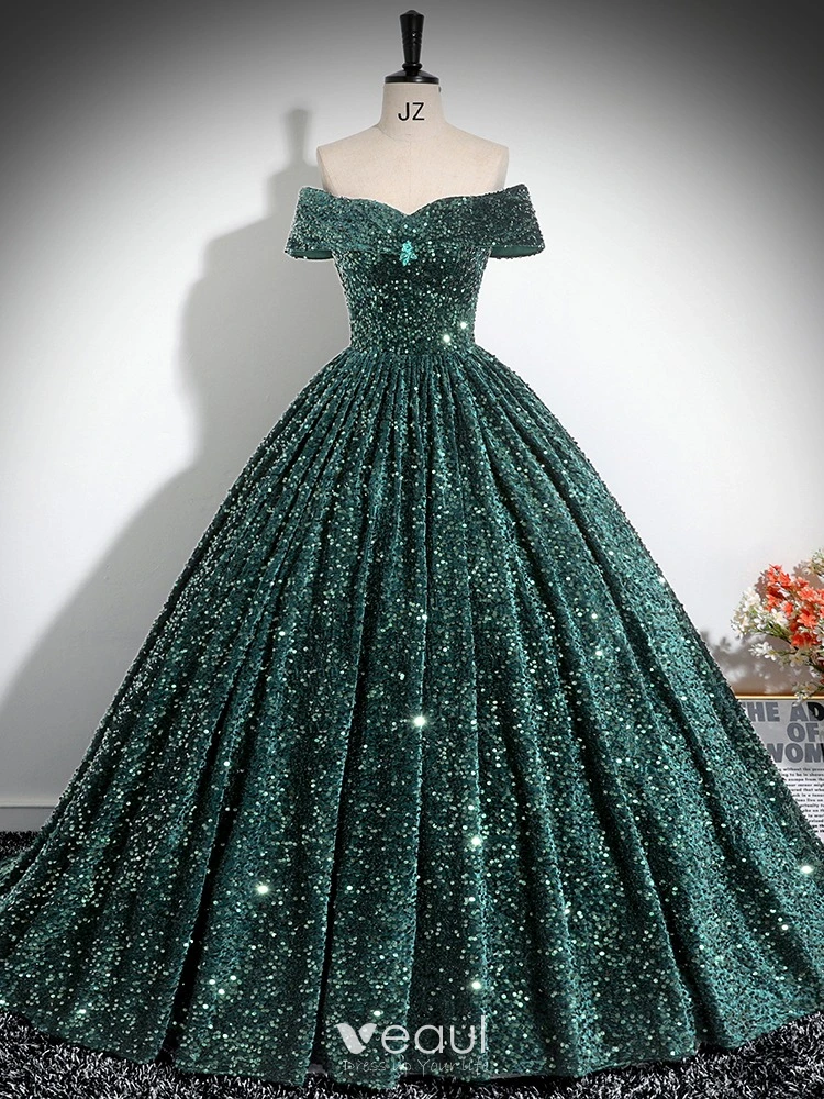 Sparkly Dark Green Sequins Prom Dresses 2024 Ball Gown Off The Shoulder  Sleeveless Backless Floor Length Long Prom Formal Dresses