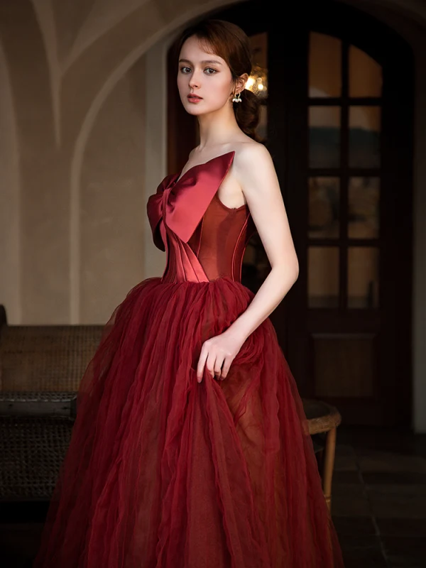 Fashion Red Prom Dresses 2022 A-Line / Princess Strapless Bow Sleeveless Backless Floor-Length / Long Formal Dresses