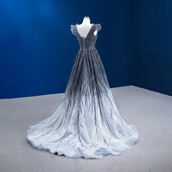 High-end Gradient-Color Grey Beading Sequins Evening Dresses 2022 A-Line / Princess V-Neck Sleeveless Backless Court Train Evening Party Formal Dresses