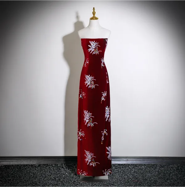 Chinese style Burgundy Sequins Velvet Evening Dresses 2025 Ball Gown High Neck Sleeveless Backless Floor-Length / Long Formal Dresses