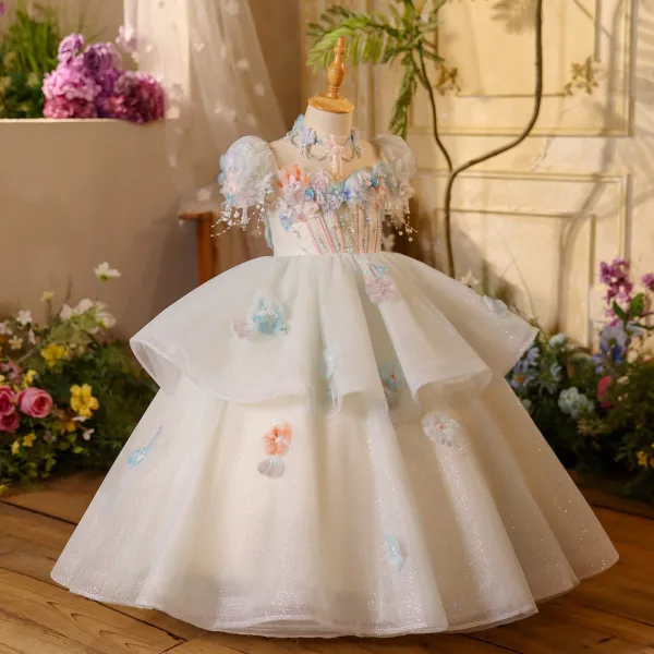 Blumenfee Himmelblau Perlenstickerei Perle Applikationen Pailletten Fallende Rüsche Geburtstag Blumenmädchenkleider 2025 Ballkleid Eckiger Ausschnitt Geschwollenes Kurze Ärmel Rückenfreies Lange