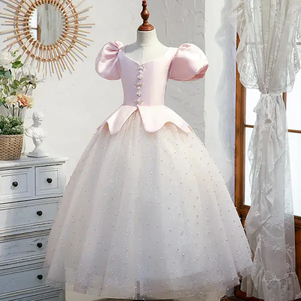 Charmant Rougissant Rose Paillettes Anniversaire Robe Ceremonie Fille 2022 Robe Boule Encolure Carrée Gonflée Manches Courtes Dos Nu Perle Faux Diamant Longue Robe Ceremonie Fille