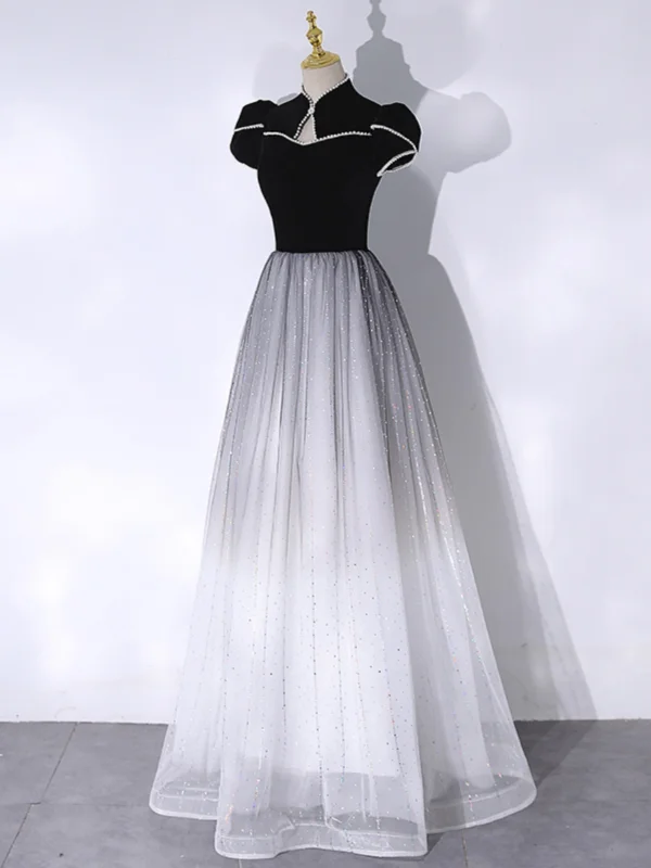 Chinese style Black Pearl Floor-Length / Long Formal Dresses 2024 A-Line / Princess High Neck Cap Sleeves Prom Prom Dresses