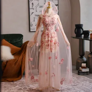 Blomsterfe Rødmende Rosa Beading Perle Appliques Ballkjoler 2025 Prinsesse Scoop Halsen Langermede Ryggløse Lange Formelle Kjoler