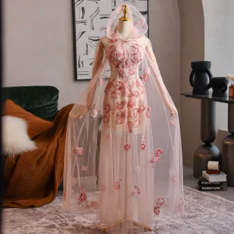 Fée Des Fleurs Rougissant Rose Perlage Perle Appliques Robe De Bal 2025 Princesse Encolure Dégagée Manches Longues Dos Nu Longue Robe De Ceremonie
