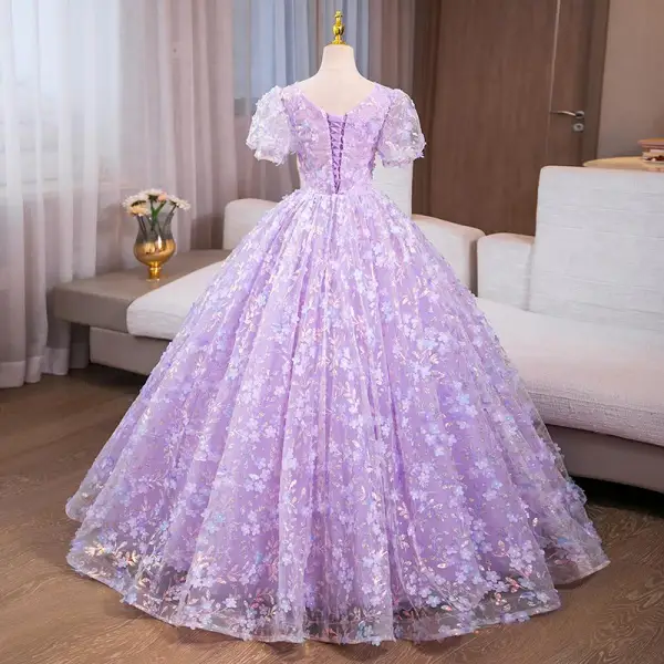 Flower Fairy Lavender Sequins Appliques Prom Dresses 2024 Ball Gown V-Neck Short Sleeve Backless Floor-Length / Long Prom Formal Dresses