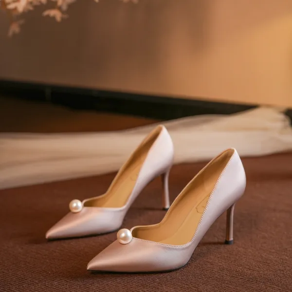 Elegant Champagne Pearl Leather Wedding Shoes 2026 8 cm Stiletto Heels Pointed Toe Wedding Pumps High Heels
