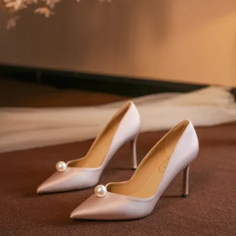 Elegante Champagne Parel Leer Bruidsschoenen 2026 8 Cm Naaldhakken Stiletto Spitse Neus Huwelijk Pumps Hoge Hakken