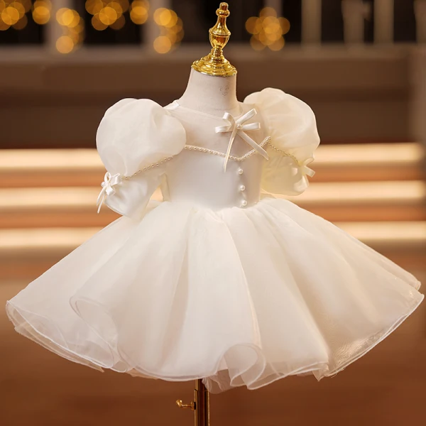 Elegant Beige Pearl Bow Birthday Flower Girl Dresses 2022 Ball Gown Scoop Neck Puffy Short Sleeve Short Flower Girl Dresses