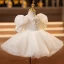 Elegant Beige Pearl Bow Birthday Flower Girl Dresses 2022 Ball Gown Scoop Neck Puffy Short Sleeve Short Flower Girl Dresses