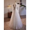Vintage / Retro Ivory Lace Flower Wedding Dresses 2024 A-Line / Princess High Neck Beading Pearl Bow Long Sleeve Backless Floor-Length / Long