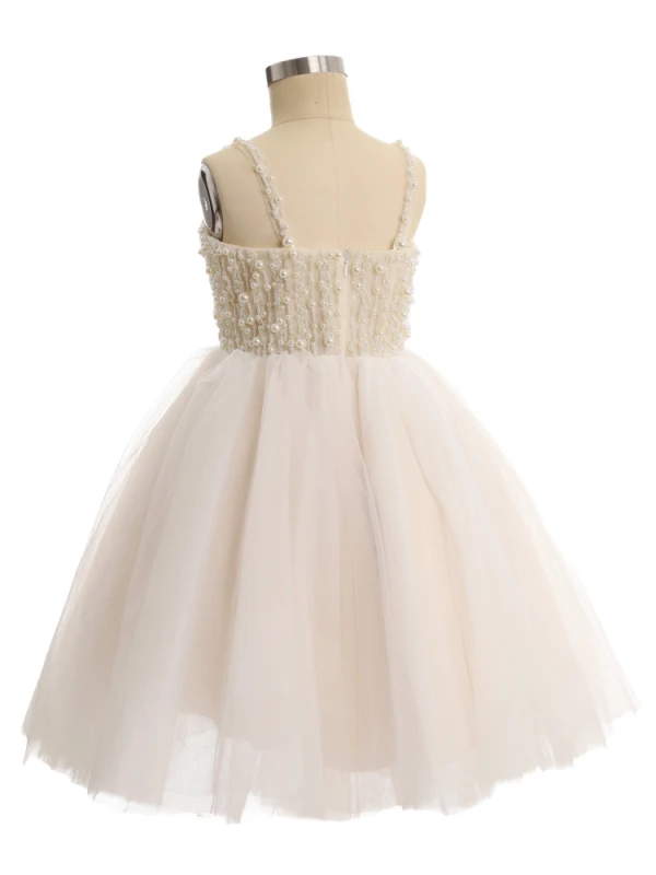 Chic / Beautiful White Beading Pearl Short Birthday Flower Girl Dresses 2024 Spaghetti Straps Sleeveless Backless