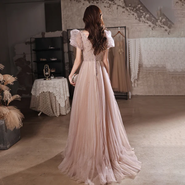 Charmant Rougissant Rose Robe De Bal 2022 Princesse Encolure Carrée Gonflée Manches Courtes Perlage Paillettes Dos Nu Longue Promo Robe De Ceremonie