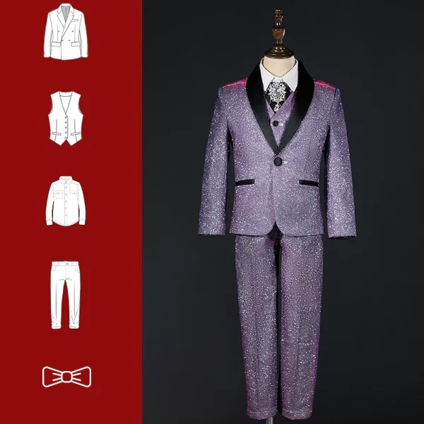 Fashion Bling Bling Purple 5-piece Glitter Rhinestone Long Sleeve Boys Wedding Suits 2025