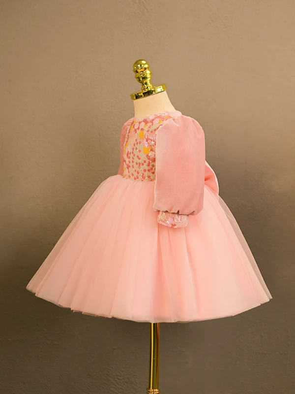 Lovely Candy Pink Sequins Short Birthday Flower Girl Dresses 2024 Ball Gown Scoop Neck Bow Short Sleeve