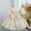 Fashion Champagne Birthday Pearl Bow Short Flower Girl Dresses 2023 Ball Gown Scoop Neck Puffy Short Sleeve