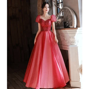 Chic Belle Bordeaux Glitter Paillettes Robe De Bal 2022 Princesse Encolure Carrée Gonflée Manches Courtes Dos Nu Longue Promo Robe De Ceremonie
