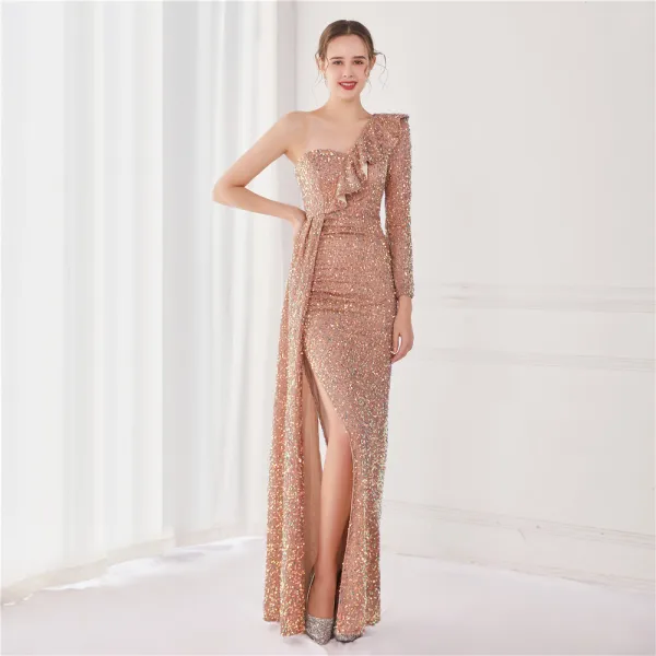 Sexy Lindgrün Pailletten Abendkleider 2022 Meerjungfrau One-Shoulder Lange Ärmel Rückenfreies Lange Gespaltete Front Abend Festliche Kleider