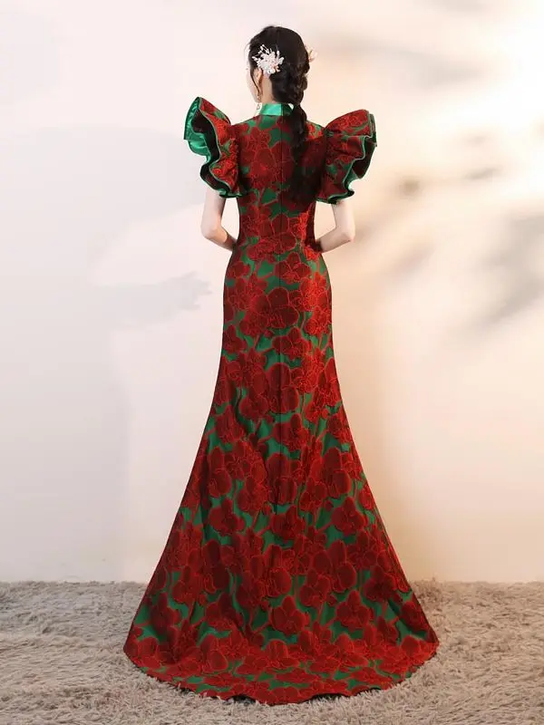 Chinese style Burgundy Printing Evening Party Cheongsam 2026 Trumpet / Mermaid High Neck Puffy Short Sleeve Sweep Train