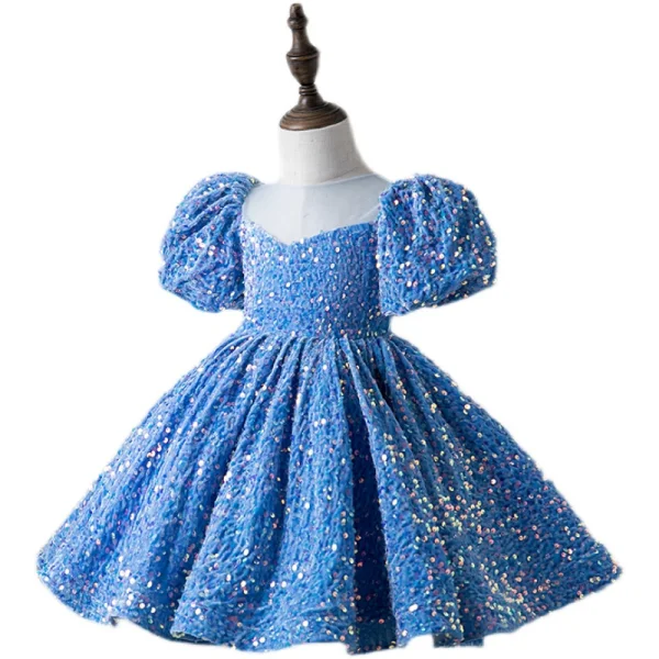 Sparkly Pool Blue Sequins Prom Flower Girl Dresses 2022 Ball Gown Scoop Neck Short Sleeve Short Flower Girl Dresses