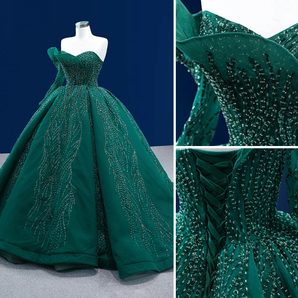 High-end Dark Green Handmade  Beading Prom Dresses 2022 Ball Gown Strapless Backless Long Sleeve Chapel Train Prom Formal Dresses