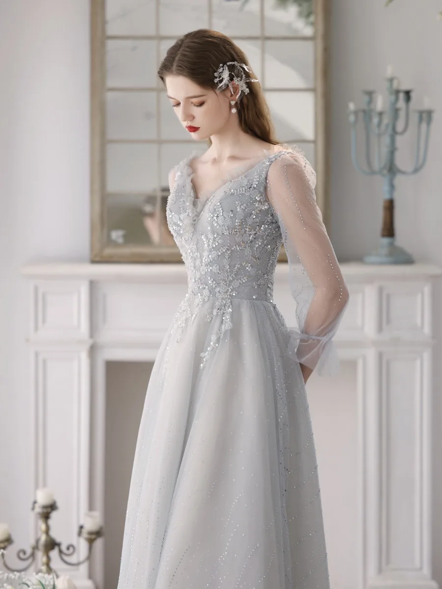 blue dress for baby girl A-Line/Princess V-neck Satin Ruffles Sleeveless Sweep/Brush Train Prom –  classygown main image 1