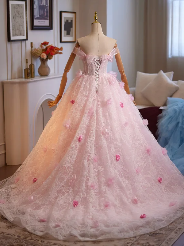 Lovely Blushing Pink Rhinestone Lace Flower Appliques Prom Dresses 2025 Ball Gown Strapless Bow Sleeveless Backless Floor-Length / Long Formal Dresses