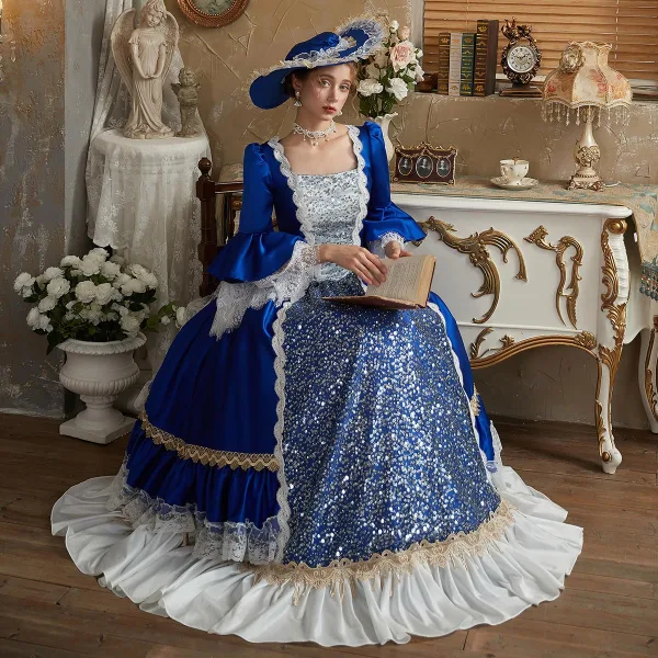 Vintage / Retro Medieval Royal Blue Beading Sequins Lace Flower Prom Dresses 2024 Ball Gown Square Neckline Bell sleeves Floor-Length / Long Prom Formal Dresses
