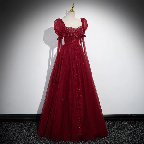 Elegant Burgundy Beading Rhinestone Prom Dresses 2023 A-Line / Princess Scoop Neck Puffy Short Sleeve Backless Floor-Length / Long Formal Dresses