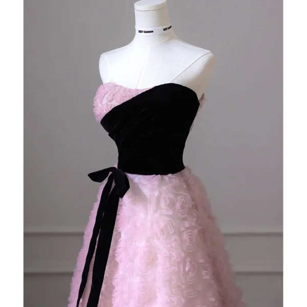 Chic / Beautiful Blushing Pink Flower Prom Dresses 2023 A-Line / Princess Off-The-Shoulder Sleeveless Backless Bow Sash Floor-Length / Long Prom Formal Dresses
