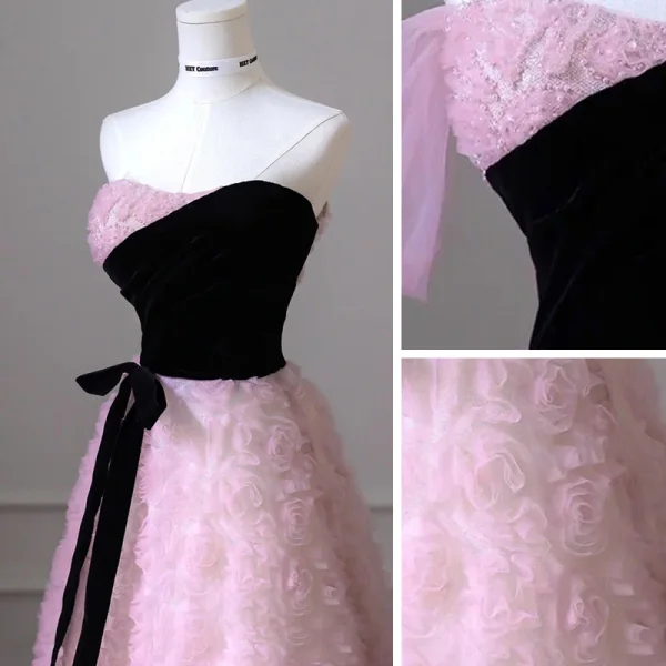 Chic / Beautiful Blushing Pink Flower Prom Dresses 2023 A-Line / Princess Off-The-Shoulder Sleeveless Backless Bow Sash Floor-Length / Long Prom Formal Dresses