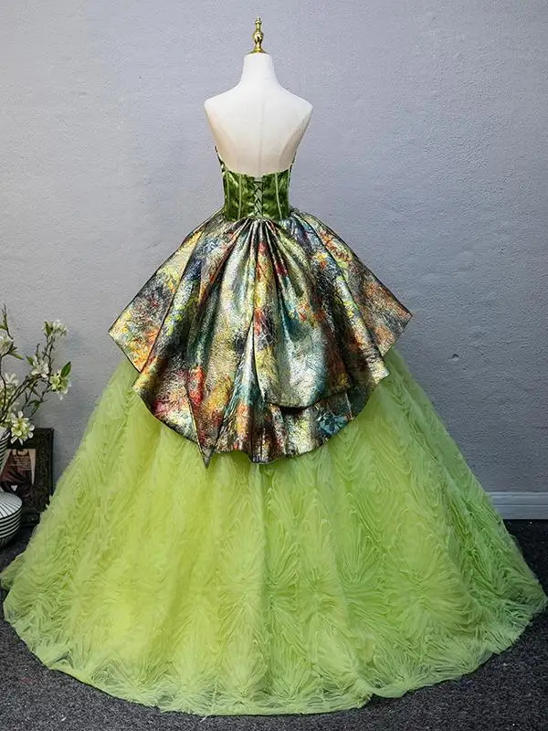 Chic / Beautiful Sage Green Printing Prom Dresses 2025 Ball Gown Strapless Sleeveless Backless Floor-Length / Long Tulle Prom Formal Dresses