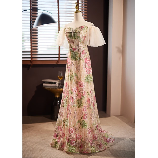 Chic / Beautiful Beading Pearl Multi-Colors Sequins Lace Flower Prom Dresses 2023 A-Line / Princess Off-The-Shoulder Short Sleeve Backless Floor-Length / Long Prom Formal Dresses