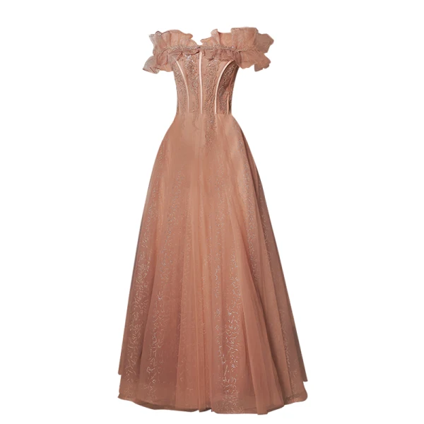 Elegant Nude Prom Dresses 2022 A-Line / Princess Ruffle Off-The-Shoulder Short Sleeve Backless Beading Sequins Floor-Length / Long Prom Formal Dresses
