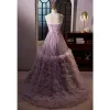 Elegant Lavender Beading Cascading Ruffles Prom Dresses 2023 A-Line / Princess Strapless Sleeveless Backless Floor-Length / Long Prom Formal Dresses