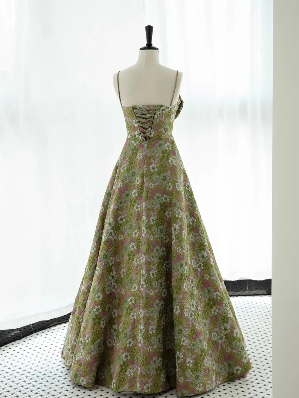 Elegant Sage Green Pearl Printing Satin Prom Dresses 2023 A-Line / Princess Spaghetti Straps Sleeveless Backless Floor-Length / Long Prom Formal Dresses