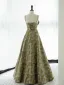 Elegant Sage Green Pearl Printing Satin Prom Dresses 2023 A-Line / Princess Spaghetti Straps Sleeveless Backless Floor-Length / Long Prom Formal Dresses