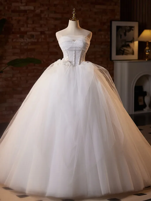 Elegante Weiß Applikationen Brautkleider / Hochzeitskleider 2025 Ballkleid Bandeau Ärmellos Rückenfreies Sweep / Pinsel Zug Hochzeit