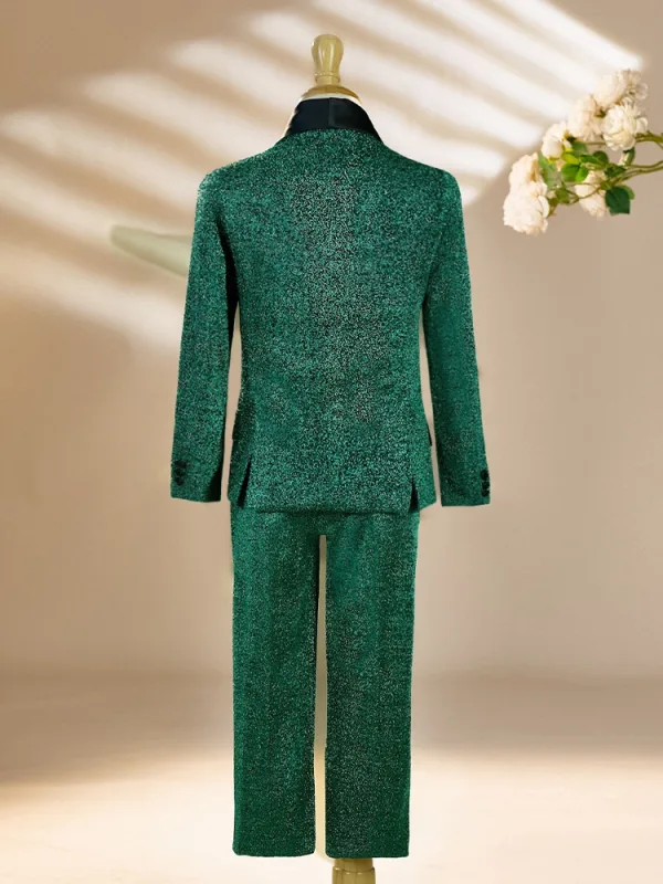 Fall Winter Glitter Dark Green Birthday Long Sleeve 6-piece Boys Wedding Suits 2025 Body Jewellery Coat Pants Shirt Tie Vest