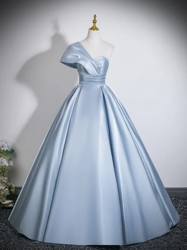 Chic / Beautiful Sky Blue Prom Dresses 2026 Ball Gown One-Shoulder Short Sleeve Backless Floor-Length / Long Formal Dresses
