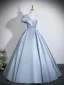 Chic / Beautiful Sky Blue Prom Dresses 2026 Ball Gown One-Shoulder Short Sleeve Backless Floor-Length / Long Formal Dresses