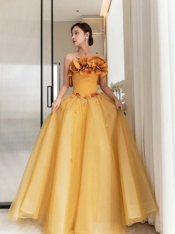 Fashion Appliques Yellow Prom Dresses 2023 A-Line / Princess Strapless Sleeveless Backless Floor-Length / Long Prom Formal Dresses