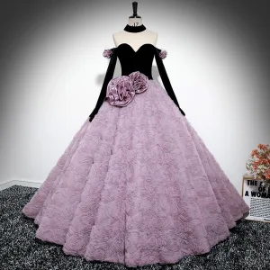 Audrey Hepburn Style Lavender Appliques Prom Dresses 2024 Ball Gown Off The Shoulder Long Sleeve Backless Sweep Train Prom Formal Dresses